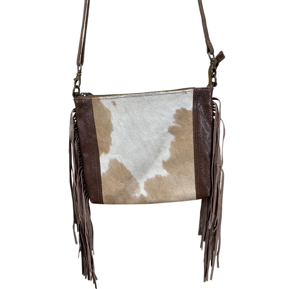 Cotton Curls Cowhide Leather Fringe Crossbody Bag Brown White Western Boho - Picture 2 of 10